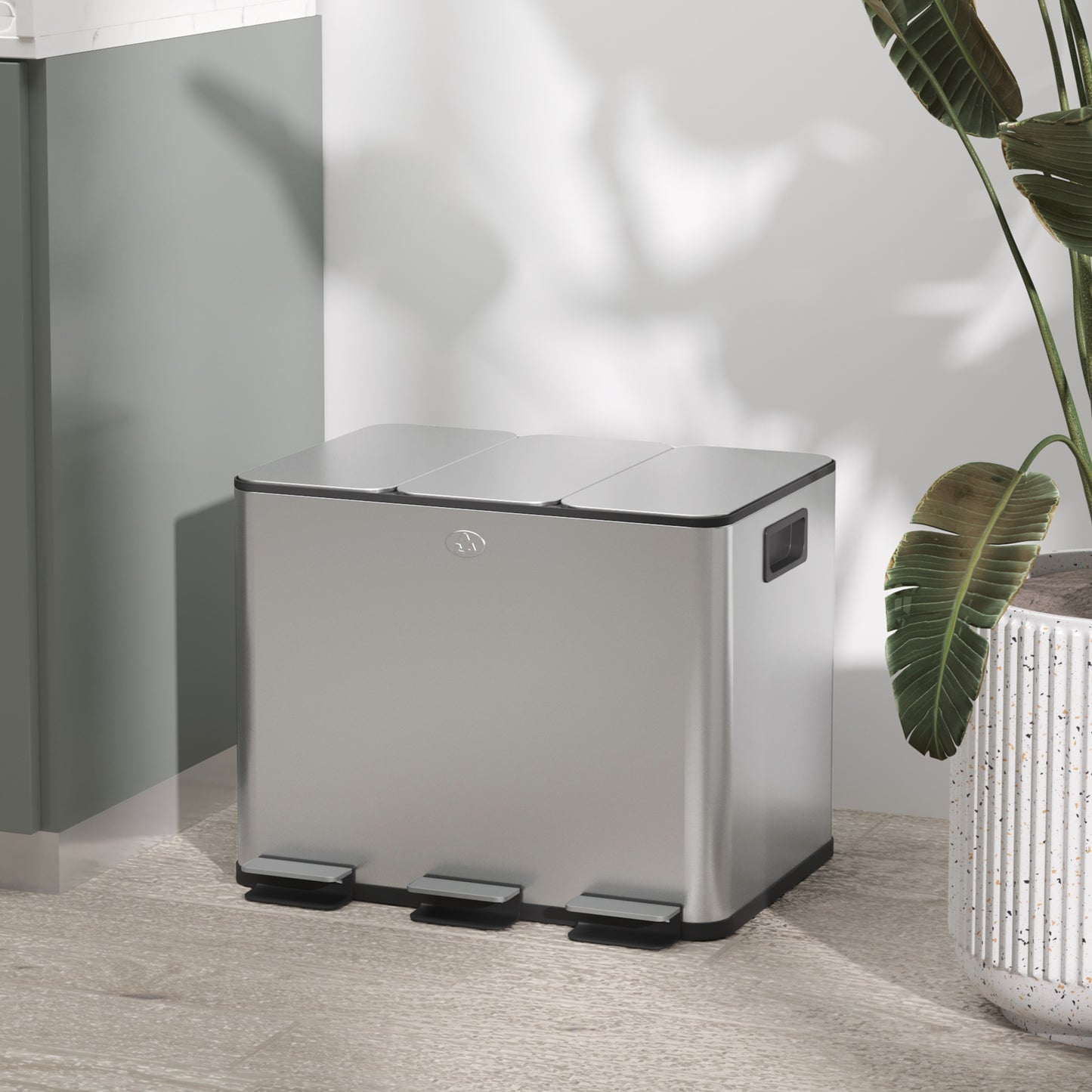 3 x 20L Pedal Bin, Steel Triple Kitchen Bin with Soft Close Lid, Removable Inner Buckets, Fingerprint-Proof, Silver Tone