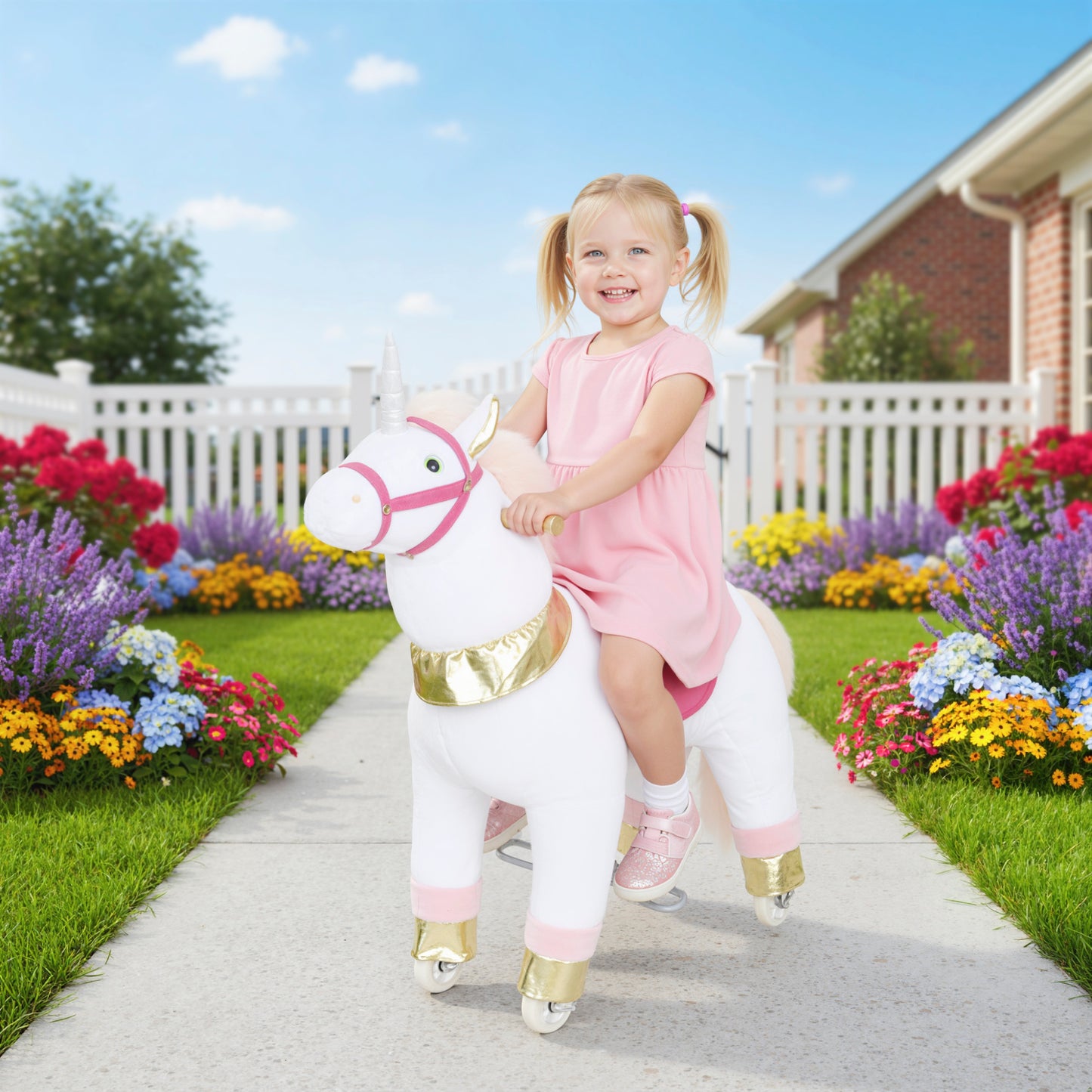 Kids Rocking Horse, Plush Walking Horse with Wheels, Ride On Unicorn Toy for Ages 3-5 Years Old, White