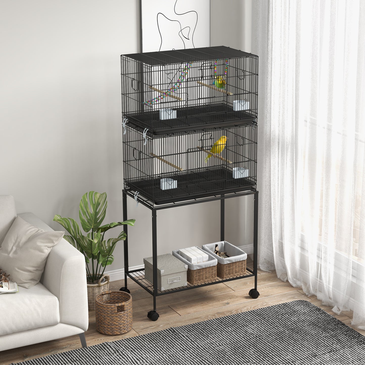 Two-Tier Bird Cage on Wheels, with Stand, for Small Birds