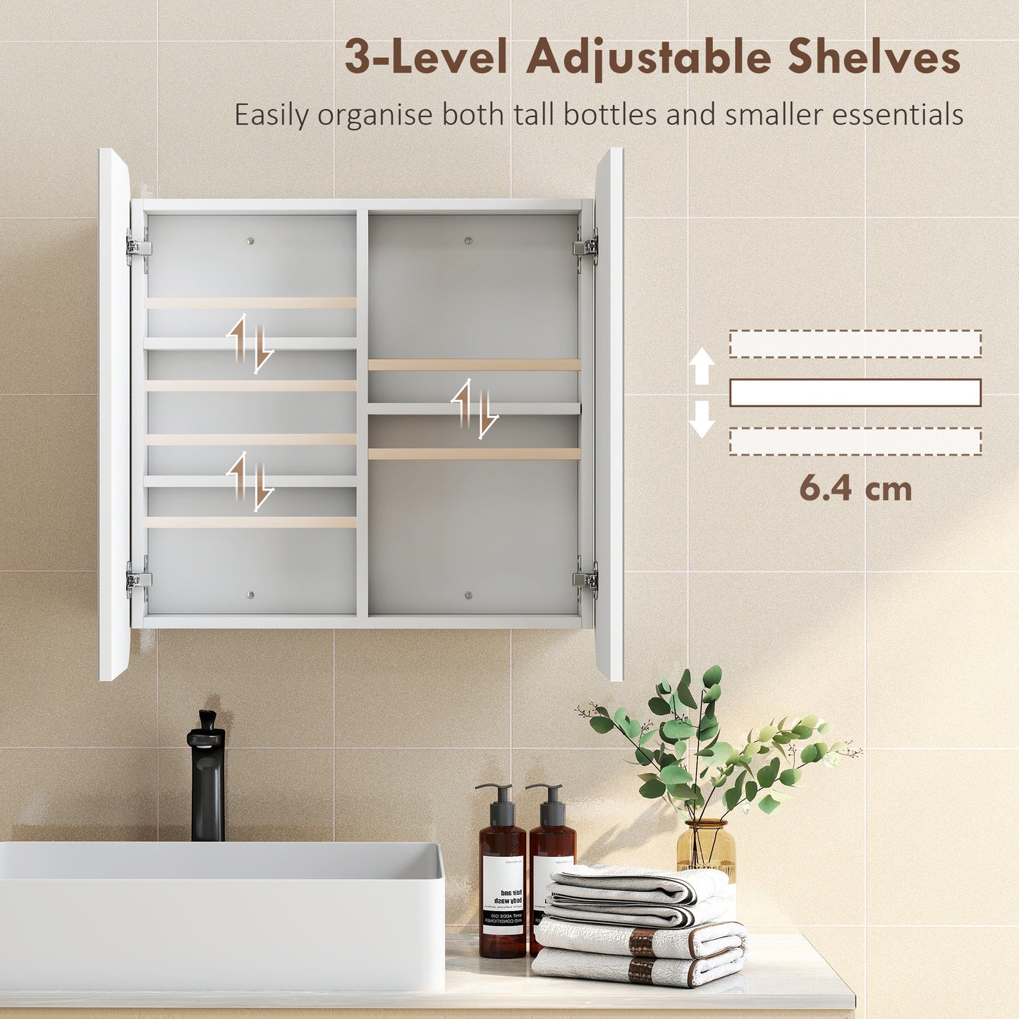 Arched Bathroom Mirror Cabinet with Adjustable Shelves - White