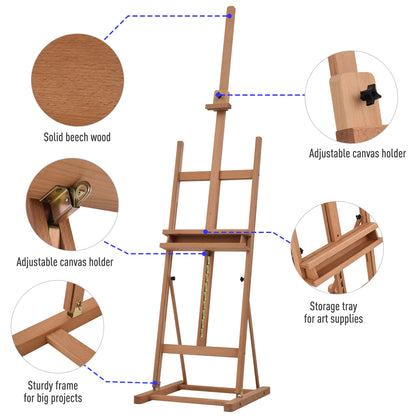 Wooden Easel Stand H-Frame Artist Easel with 171-230cm Adjustable Height and 0-80° Working Angles Beech Wood Art Easel for Di