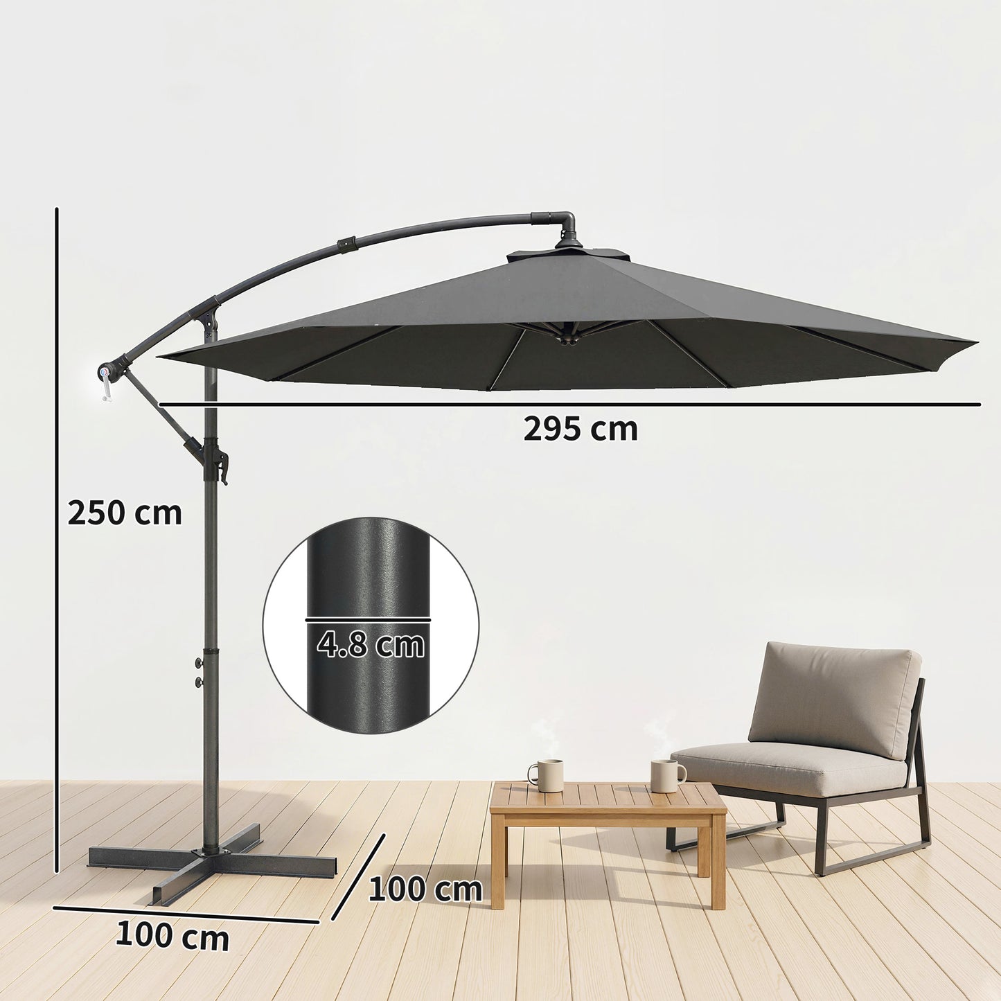 3m Overhanging Cantilever Parasol, with Cross Base - Grey