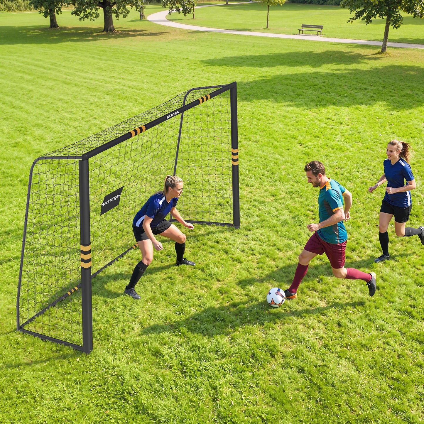 Football Goal, 10 x 6.5ft Football Net with Ground Stakes, EPE Foam Padding and Metal Frame, Easy Assembly, Yellow