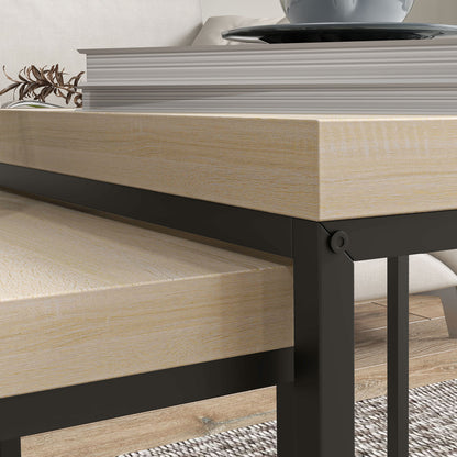 Coffee Table Set of 2, Nest of Tables with 3.5cm Thick Tabletop, Oak