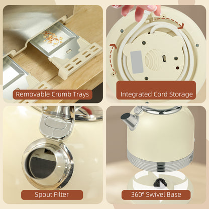 Polished Stainless Steel Kettle and Toaster Set - Cream