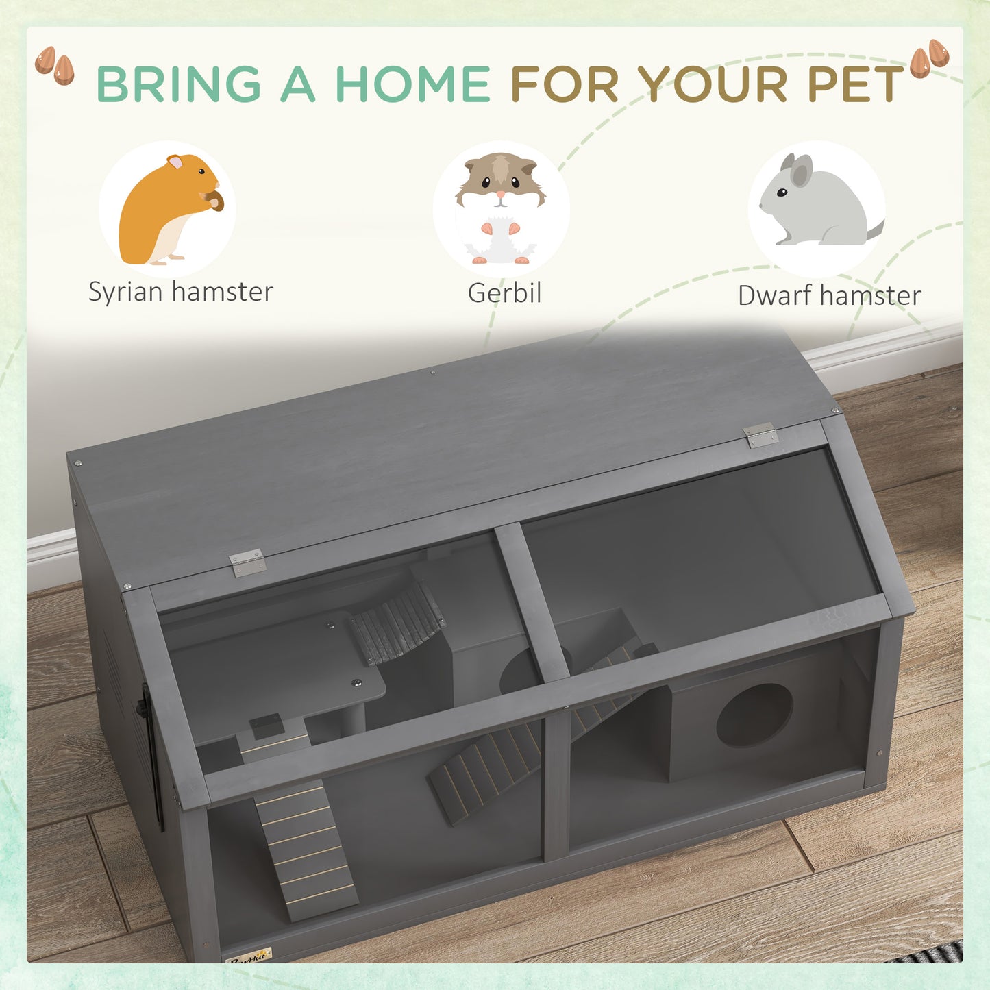 Hamster Cage, Wooden Small Animal Cage for Gerbils, Mice w/ Suspension Bridge, Openable Top, Hut, 85 x 45 x 44cm - Grey