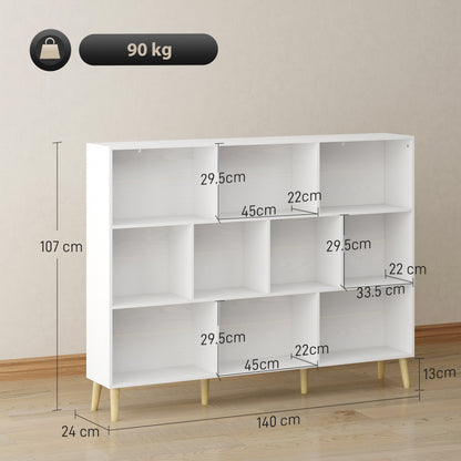 10-Cube Bookcase, 3-Tier Book Shelf with Solid Wood Legs, 140 cm Modern Bookshelf with Anti-Tip Kit for Bedroom, White