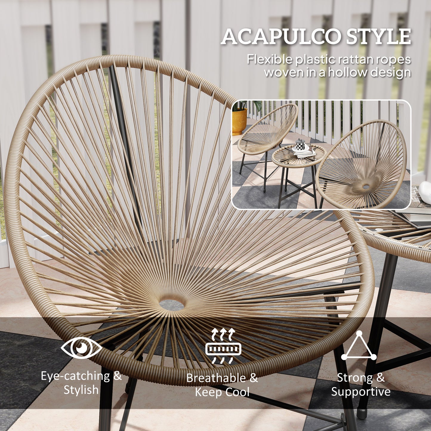 3 Pieces Rattan Bistro Set, Garden Bistro Set with Acapulco Chairs and Glass Top Table, Small Garden Furniture Set