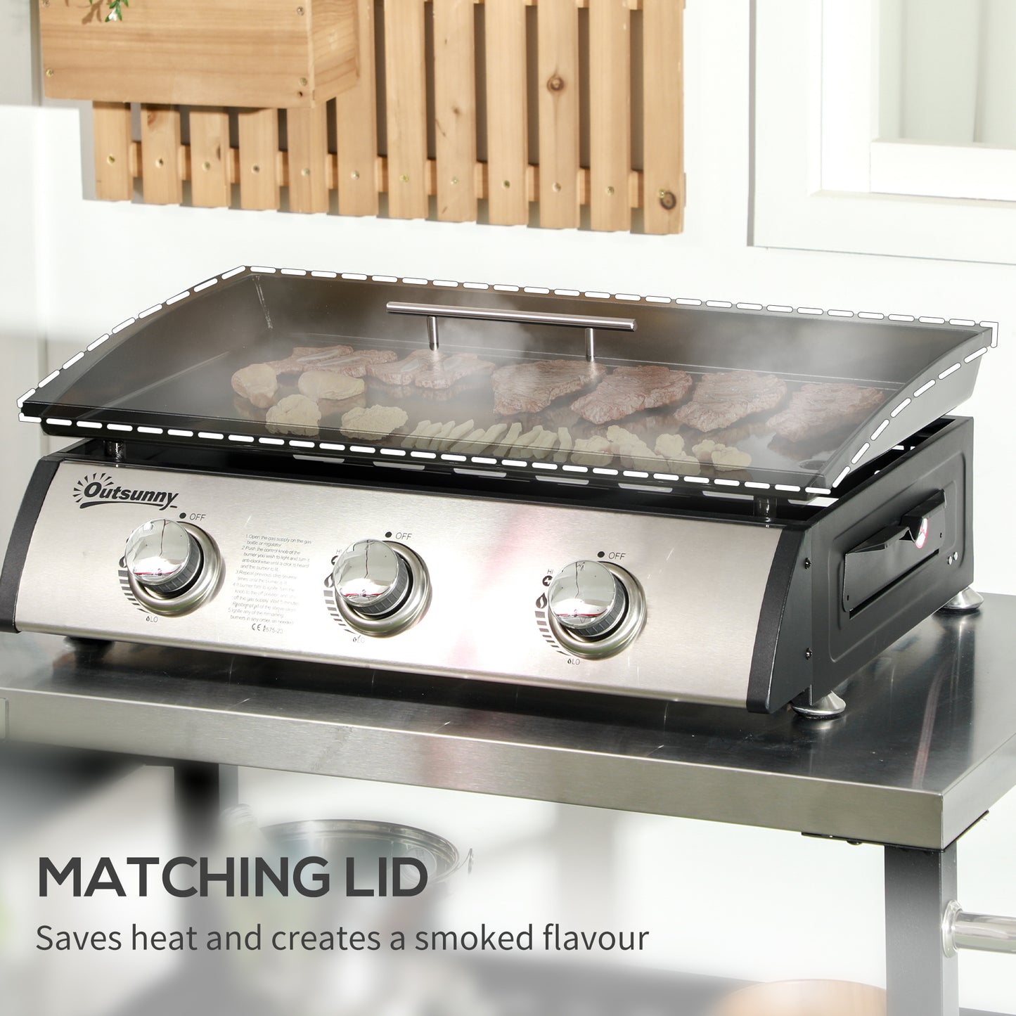 3 Burner Gas Plancha BBQ Grill with Lid, Black