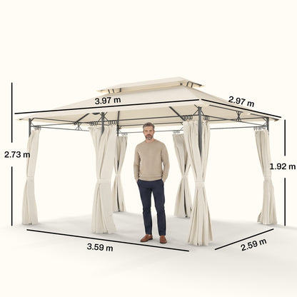 3 x 4m Metal Frame, Two-Tier Roof Gazebo - Cream White