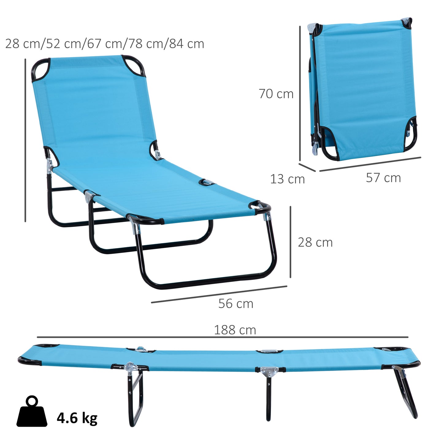 Garden Sun Lounger, with Five-Position Back - Light Blue