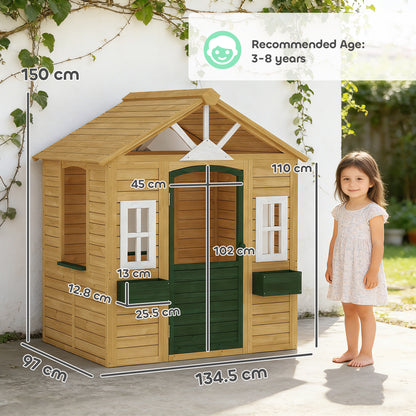 Outdoor Kids Playhouse, Wooden Wendy House with Door, 3 Windows, 2 Flower Boxes for Garden, Indoor Playroom