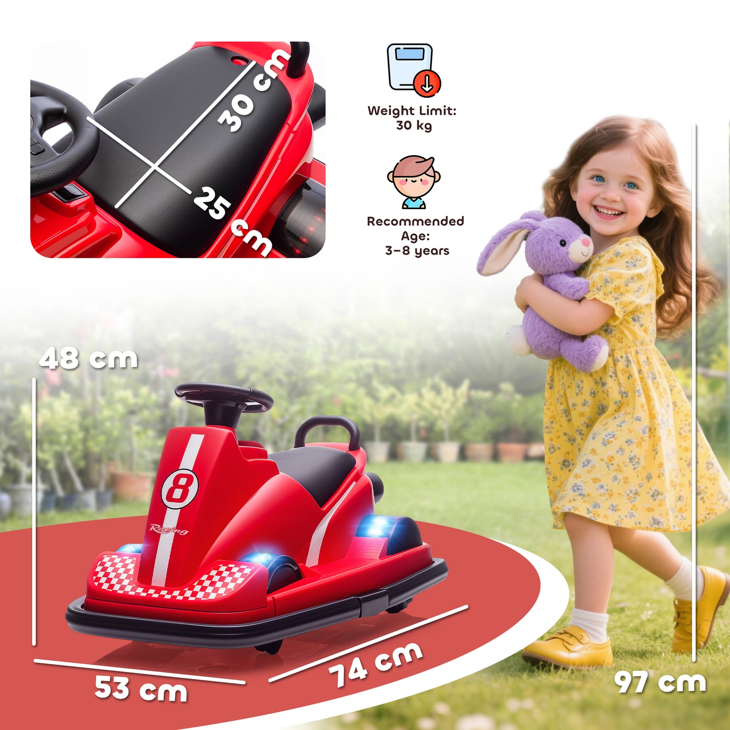 Kids Bumper Car, 360° Rotation Spin Electric Walzer Car with LED Lights, Music for Ages 3-8 Years Old, Red