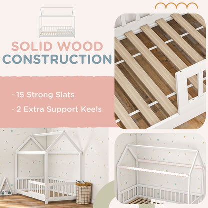House-Shaped Kids Bed Frame with Guard Rails, Solid Pine Wood Single Bed Frame for Kids Boys and Girls