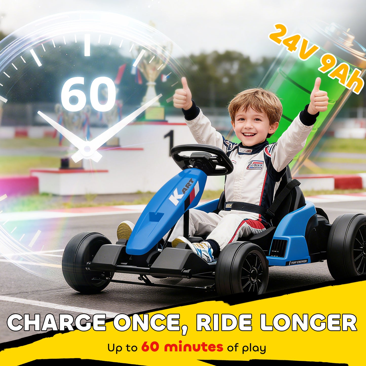 24V Electric Go Kart, Drift Kart with Adjustable Seat, Slow Start, 5-Point Harness, Music, for 6-12 Years, Blue