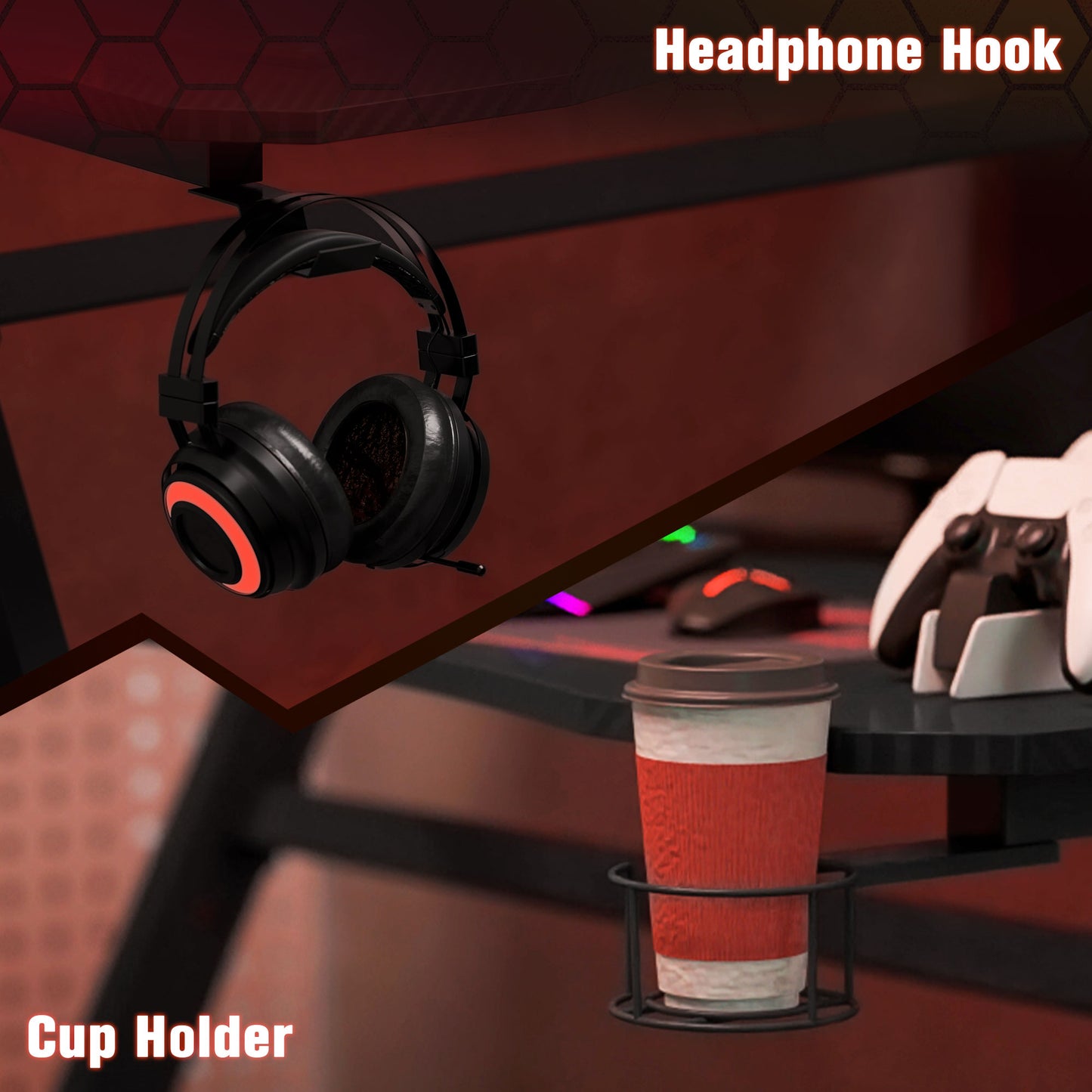 Gaming Desk 120 x 65 cm Steel Frame with Cup Holder, Headphone Hook, Adjustable Feet and Cable Organiser