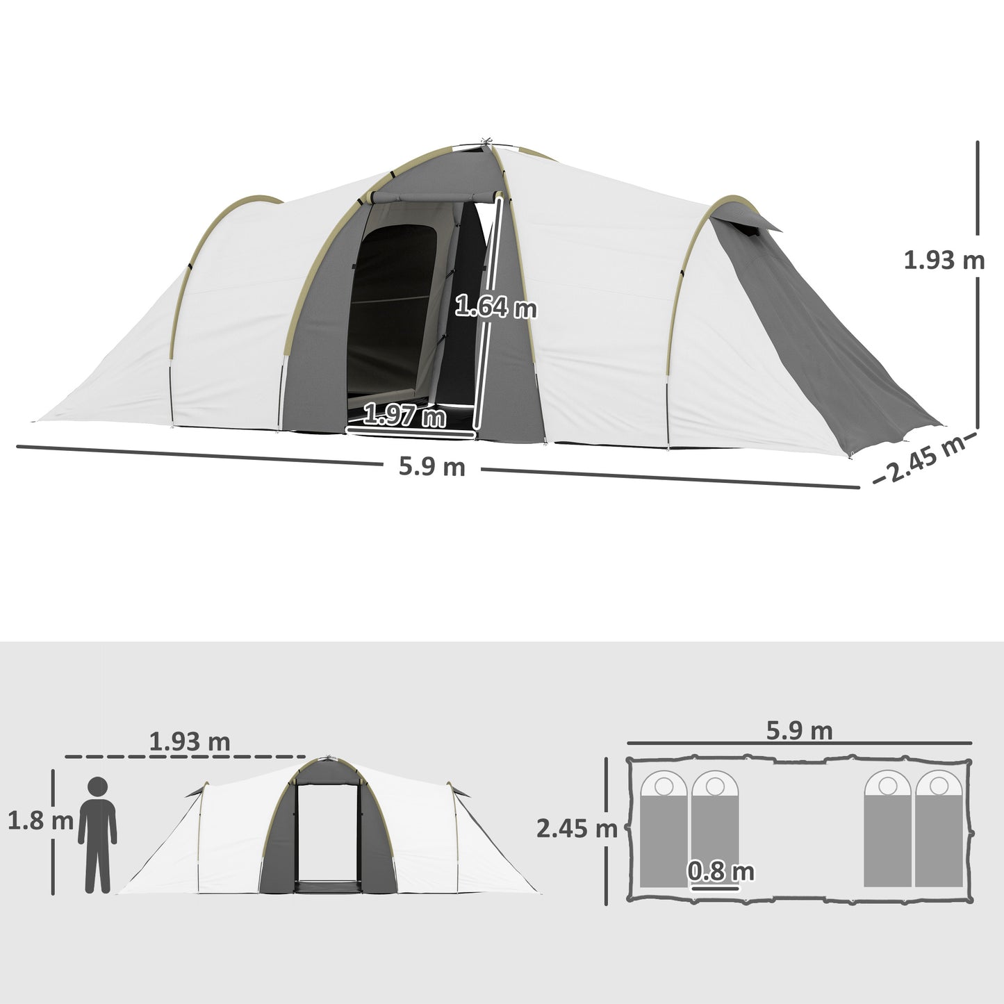 Four-Man Tunnel Tent, with Two Bedrooms and Living Room - Grey/Yellow