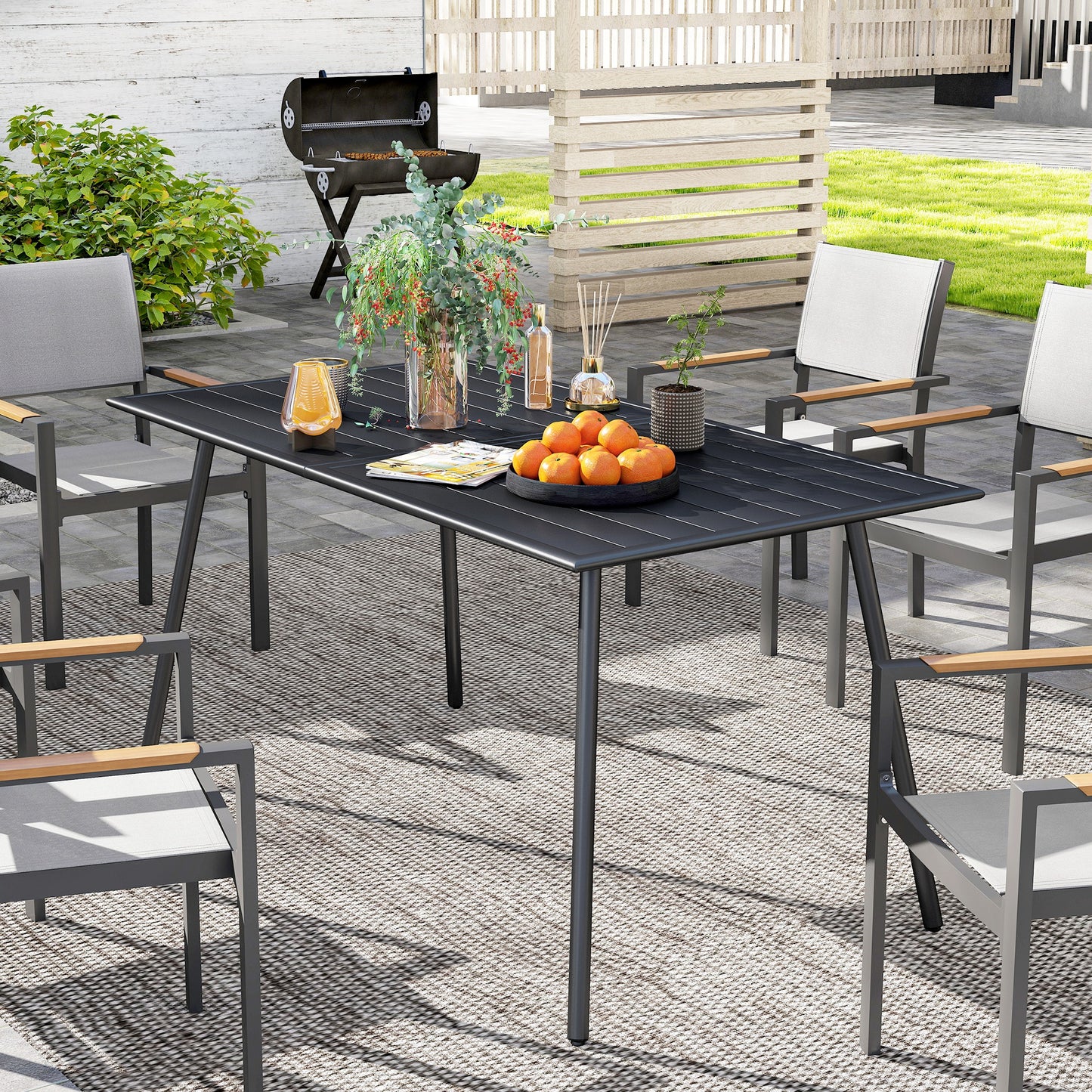 Rectangle Garden Table with Slat Top, Steel Frame, Outdoor Table for 6 Person, 150 x 80 x 74 cm, Black