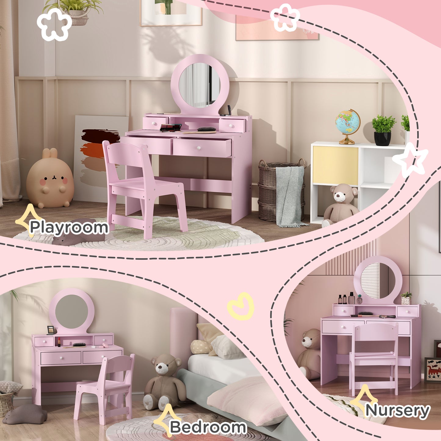 Kids Dressing Table Set Kids Make up Table with Stool and Mirror, Storage Drawers, Gift for Aged 3-8