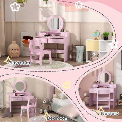 Kids Dressing Table Set Kids Make up Table with Stool and Mirror, Storage Drawers, Gift for Aged 3-8