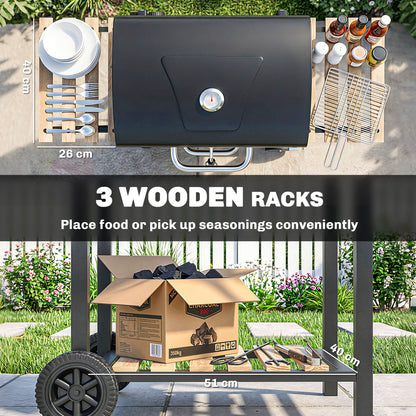 Charcoal BBQ Grill with Adjustable Charcoal Pan, Barbecue Smoker with Warming Rack, Black