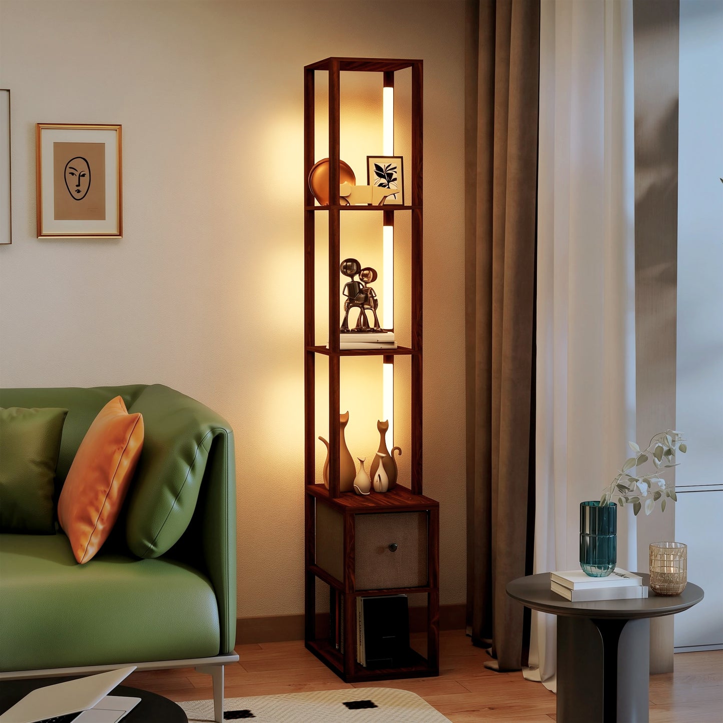 Floor Lamp with Shelves, LED Column Modern Standing Lamp with Fabric Drawer, Adjustable Brightness