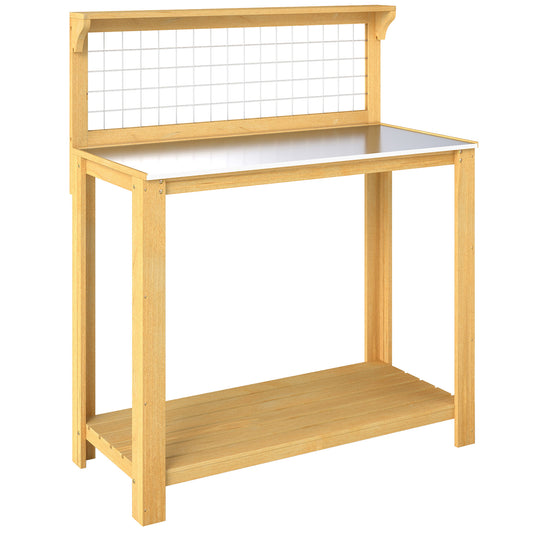Wooden Potting Bench Table with Aluminium Worktop, Outdoor Garden Workbench with 2 Shelves