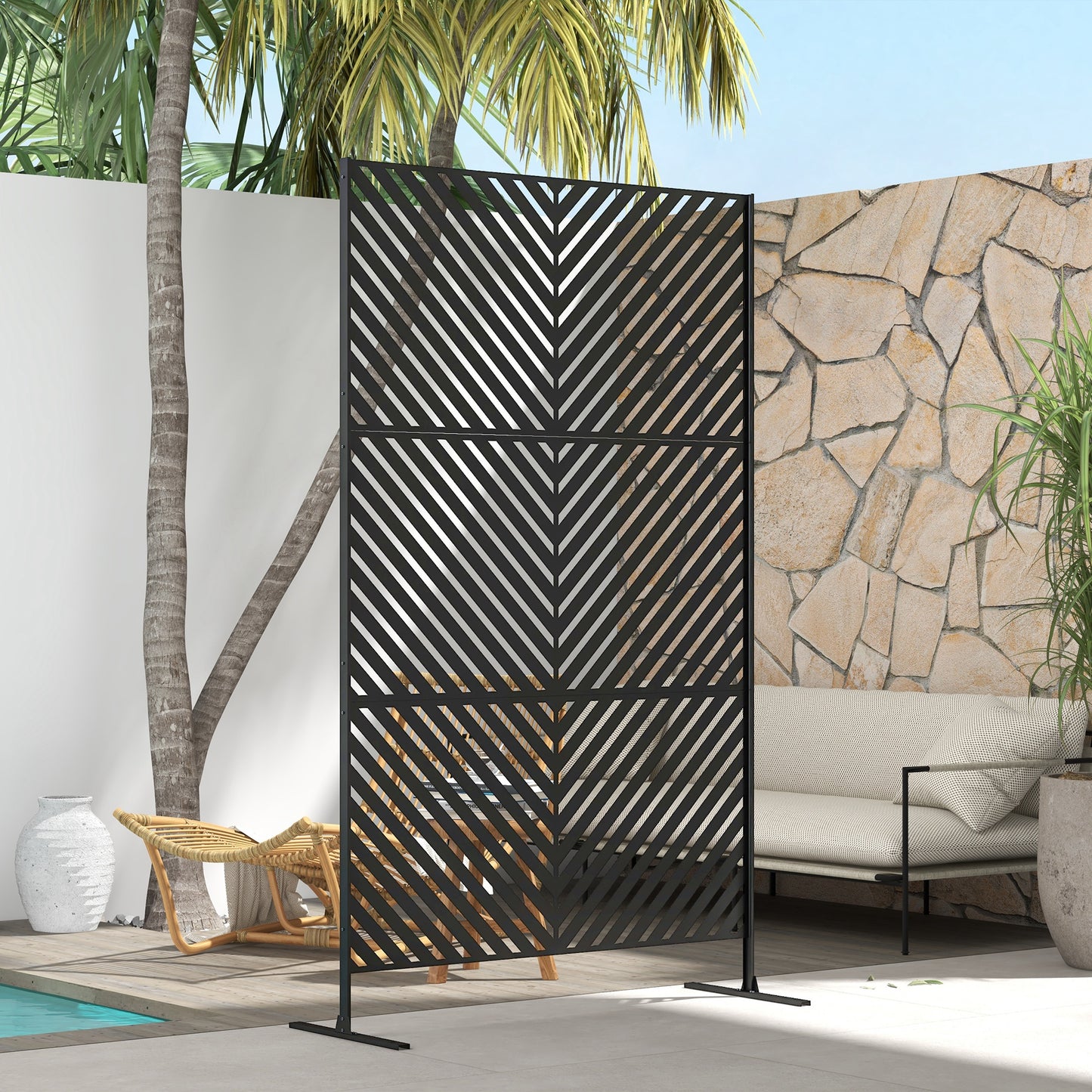 6.5FT Decorative Outdoor Divider, Metal Privacy Screen with Stand, Triangle Style, Black