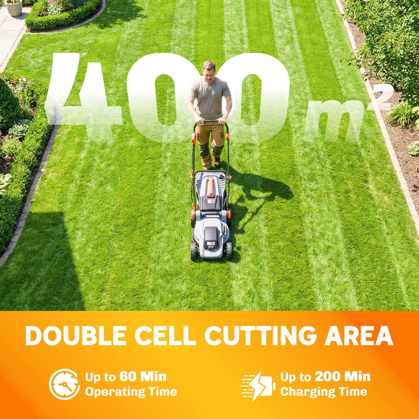 18V Cordless Lawnmower with 2 x 4Ah Batteries, Battery Lawn Mower with 34cm Cutting Width, Mulching Feature