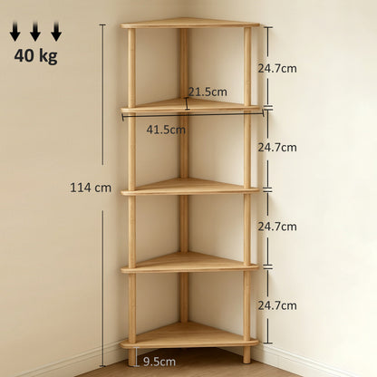 Bamboo Storage Shelf, 5-tier Corner Shelf, Freestanding Shelving Unit for Living Room, Home Office, Natural Wood Finish
