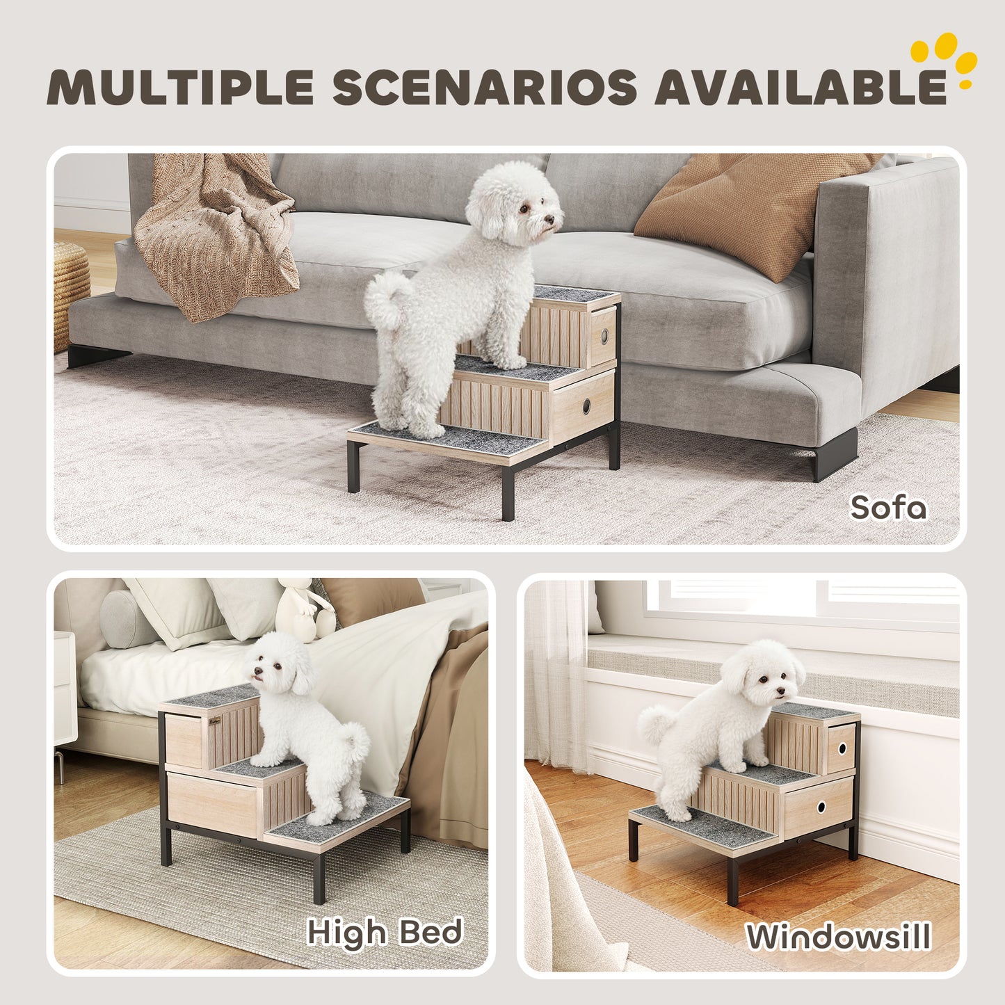 Dog Stairs with Storage, Non-Slip Cover, Pet Steps for Small Dogs & Older Cats, for Sofa, High Bed, Oak Tone