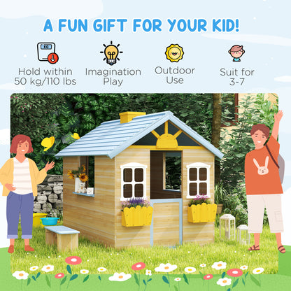 Wooden Playhouse, Wendy House with Door, Bench, Flowerpot Holder, for Ages 3-7 Years, Blue