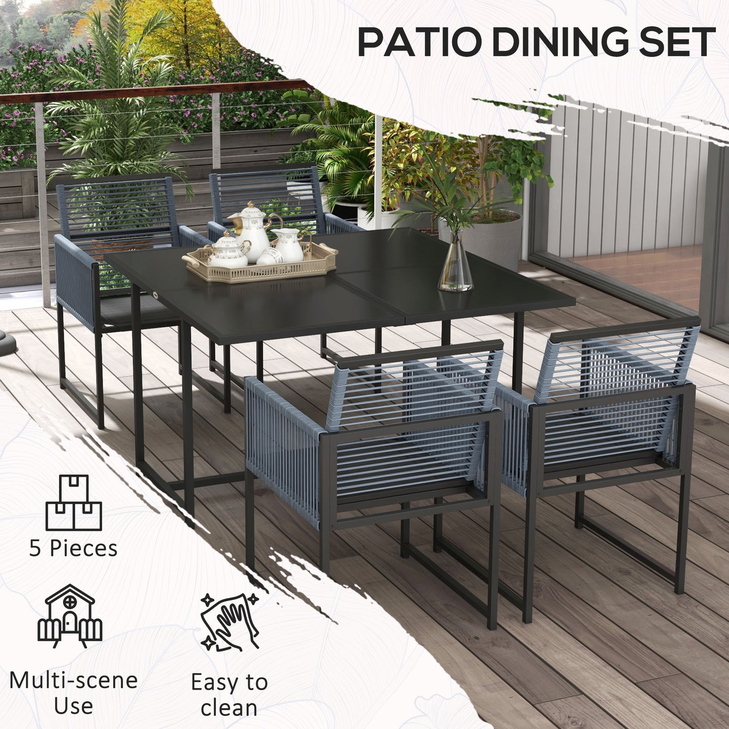 Five-Piece Metal Dining Set, with Folding Back Chairs, Dark Grey