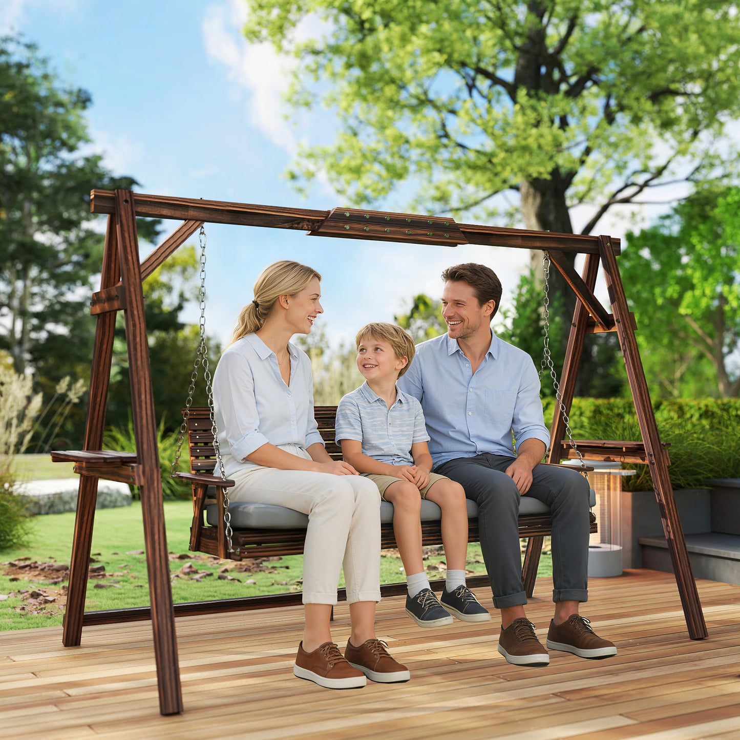 3 Seater Garden Swing Seat, Wooden Swing Chair Bench with Cushion, Side Trays and Metal Chains, for Outdoor Porch Patio