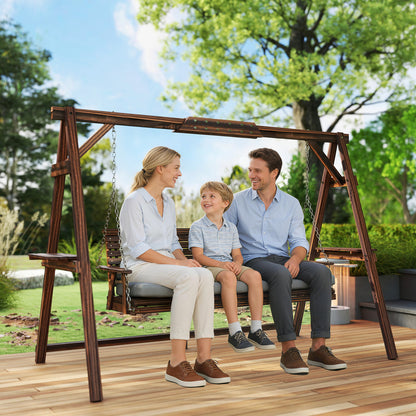 3 Seater Garden Swing Seat, Wooden Swing Chair Bench with Cushion, Side Trays and Metal Chains, for Outdoor Porch Patio