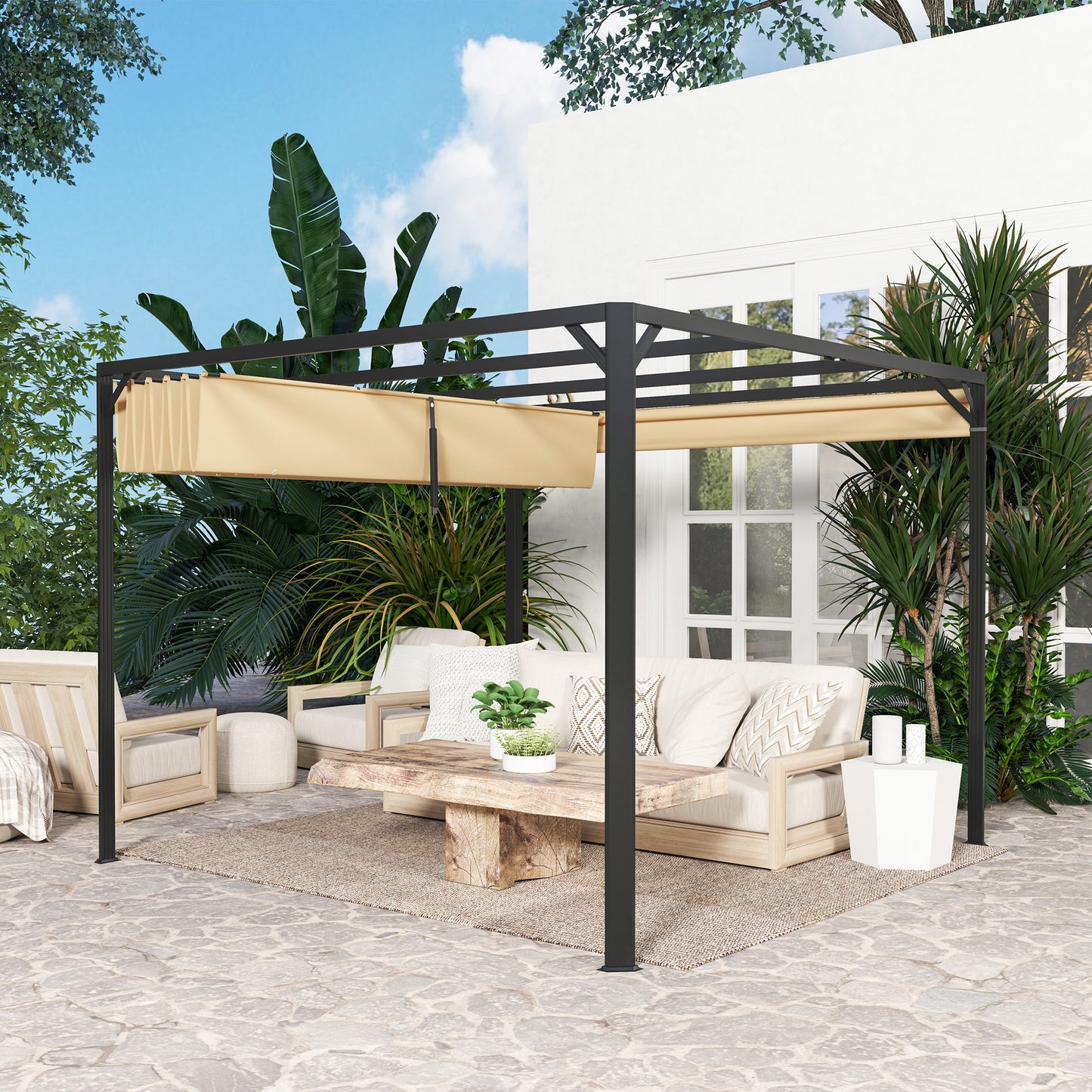 3 x 3m Aluminium Pergola, with Retractable Roof and Wall - Khaki
