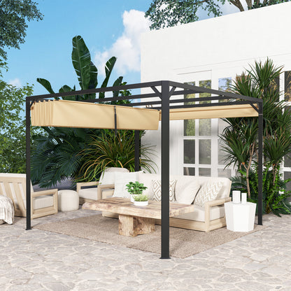 3 x 3m Aluminium Pergola, with Retractable Roof and Wall - Khaki