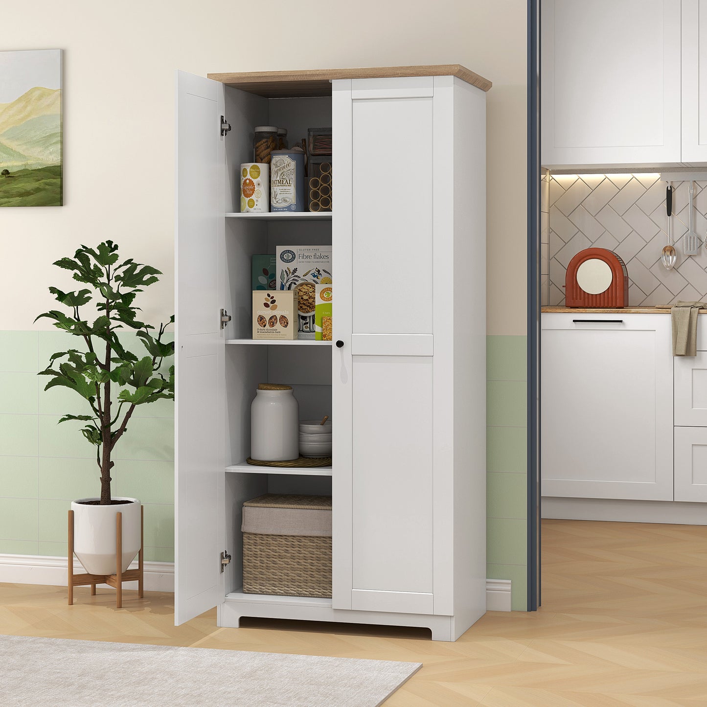 172cm Kitchen Cupboard, Freestanding Storage Cabinet with Doors and Shelves