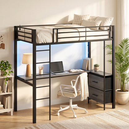 Metal Bunk Bed with Desk, High Sleeper Bed with LED Light and Safety Guardrail for Teens Adults, No Box Spring Needed