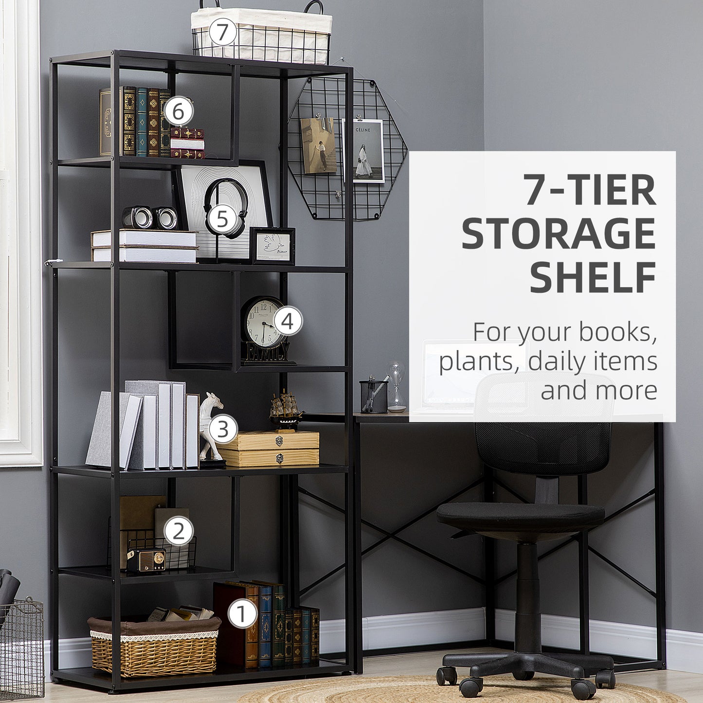 Industrial Accent Display Rack 7 Tier Bookcase, Display Rack for Living Room, Office, Bedroom, Black