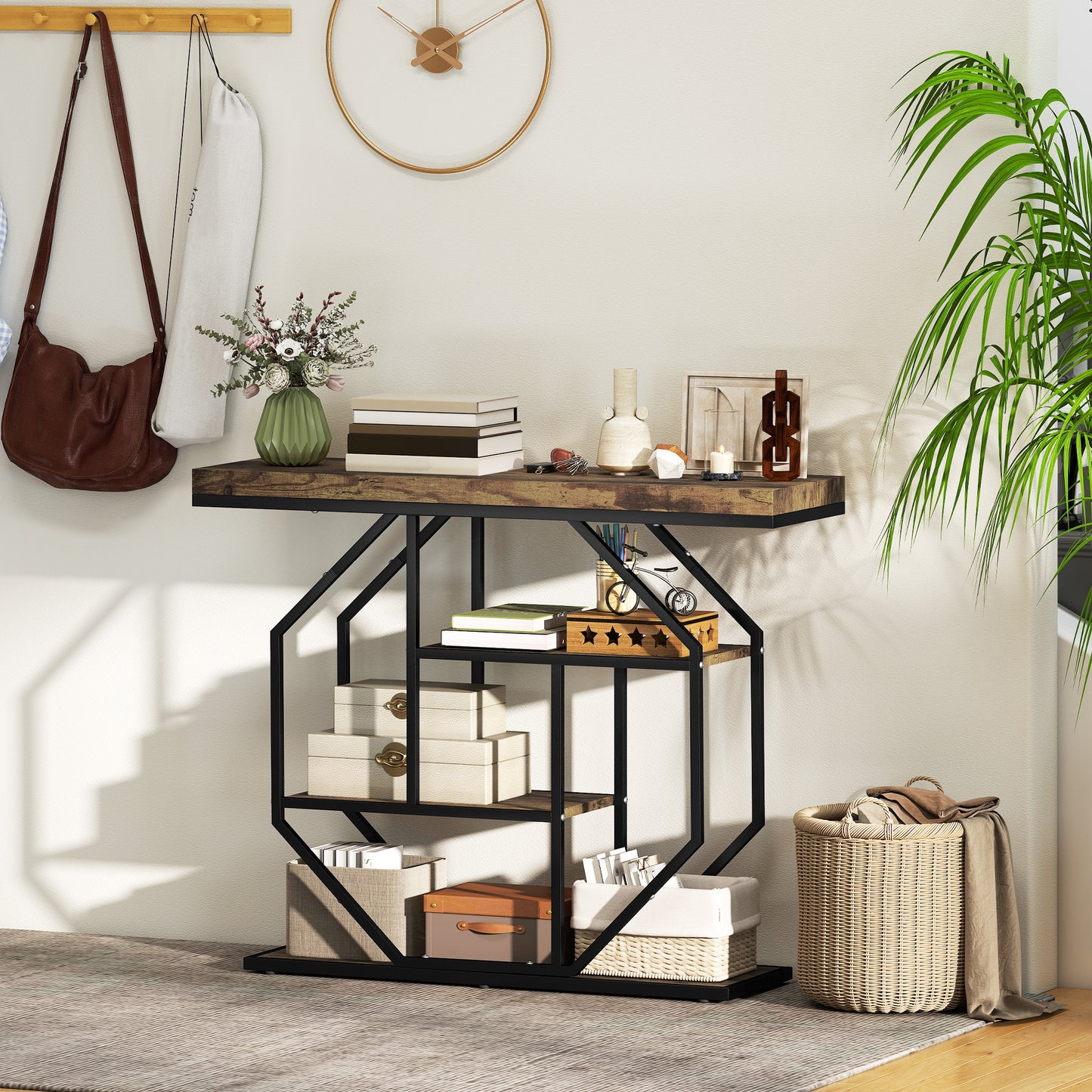 4-Tier Industrial Console Table - Rustic Brown