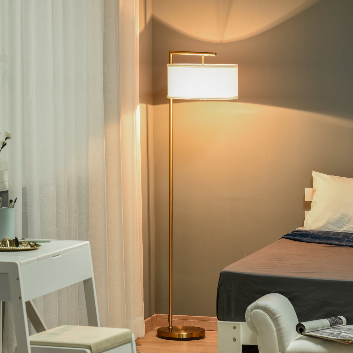 Floor Lamp, Modern Standing Lamp with Linen Lampshade, Round Base for Living Room, Bedroom, Dining Room, 153cm