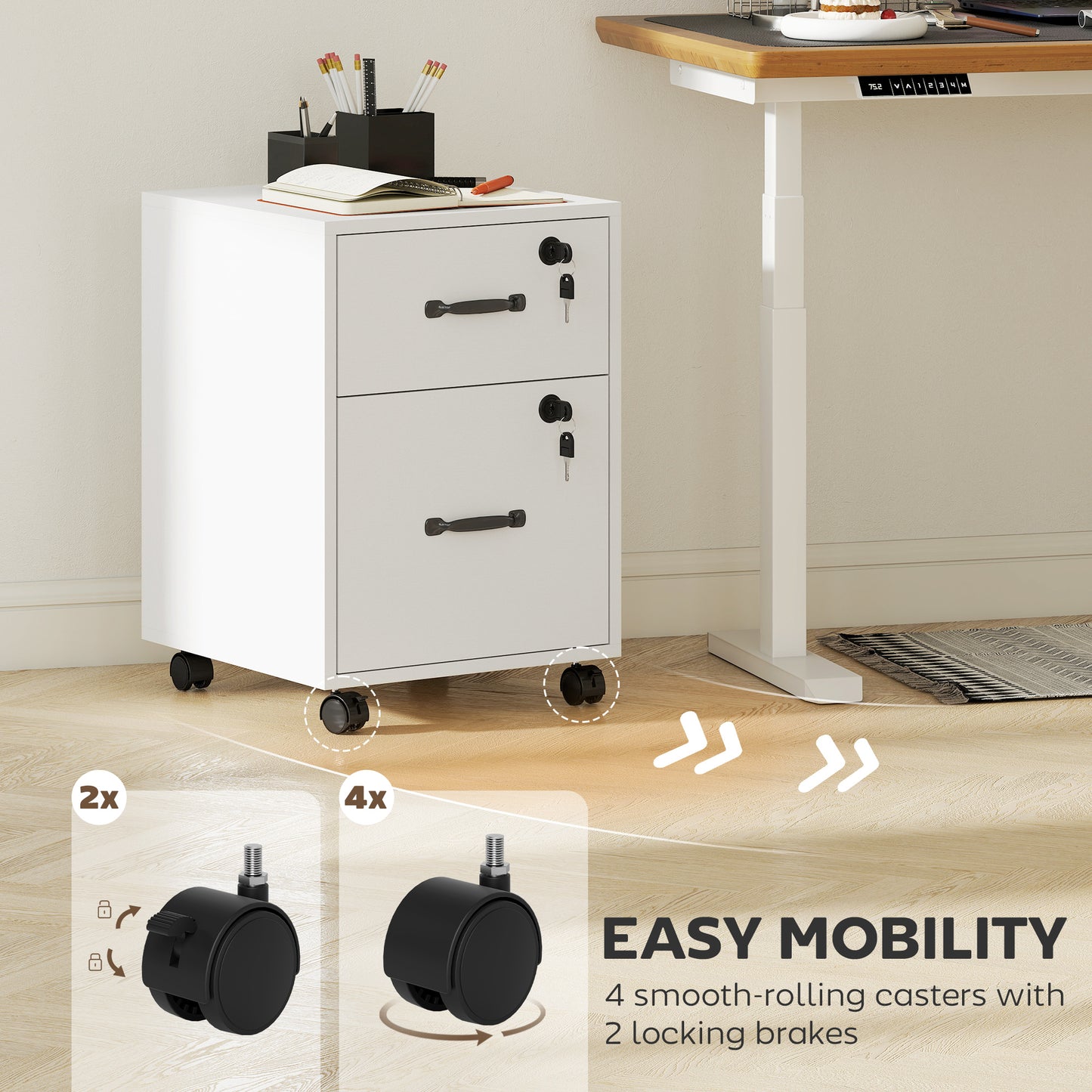 Rolling File Cabinet with 2 Drawers, Mobile Filing Cabinet with Hanging File Folder for Letter Sized Documents, White