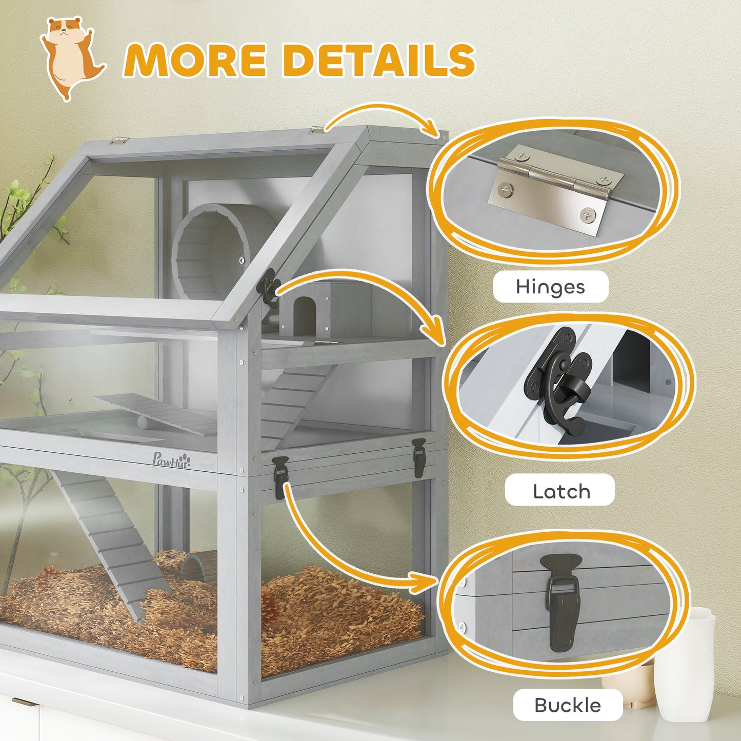 Wooden Hamster Cage with Detachable 32cm Deep Bottom, Hut, Seesaw, Exercise Wheel, Ramp, 60 x 40 x 75cm, Light Grey