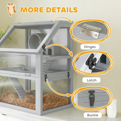 Wooden Hamster Cage with Detachable 32cm Deep Bottom, Hut, Seesaw, Exercise Wheel, Ramp, 60 x 40 x 75cm, Light Grey