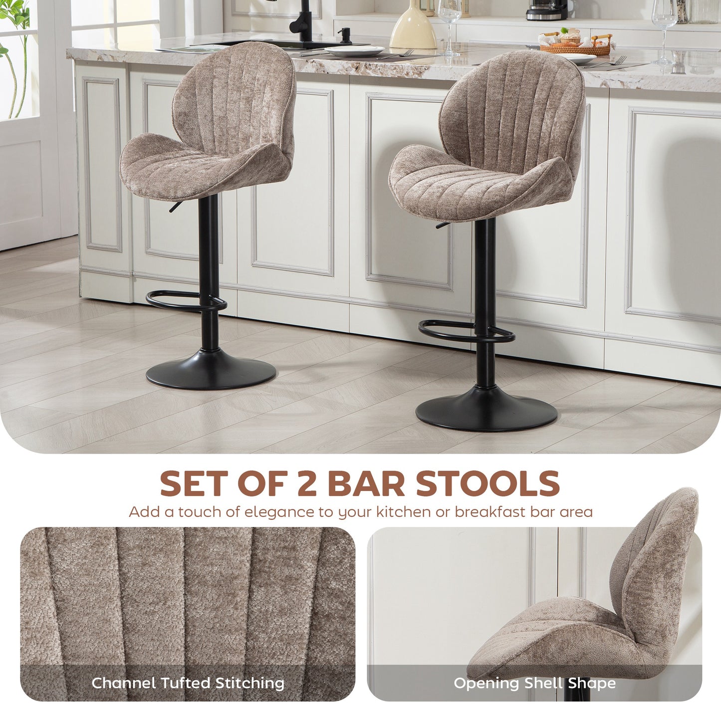 Bar Stools Set of 2, Swivel Barstools with Back, Adjustable Height and Footrest for Kitchen Island, Dining Room, Brown
