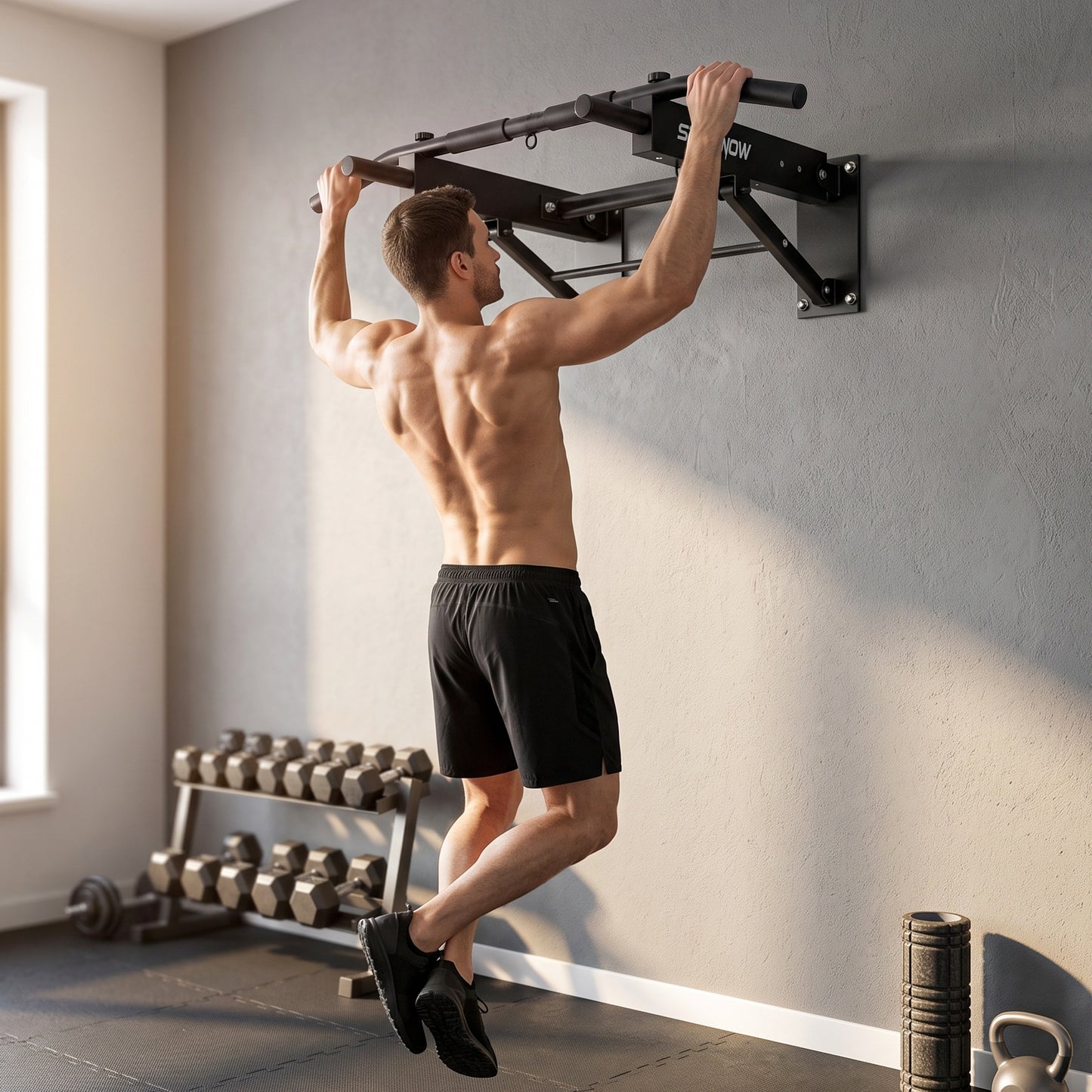 Pull Up Bar Wall Mounted Chin Up Bar with Folding Design, 3 Hooks for Resistance Bands, Supports up to 120 kg, Black