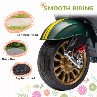12V Vespa Licensed Kids Electric Motorbike w/ Music, Lights, FM Radio, for 3-6 Years - Green
