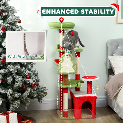 Cat Tree, 120cm Christmas Cat Tower with 3 Scratching Posts, Scratching Board, 2 Perches, Platforms, Toys, Green