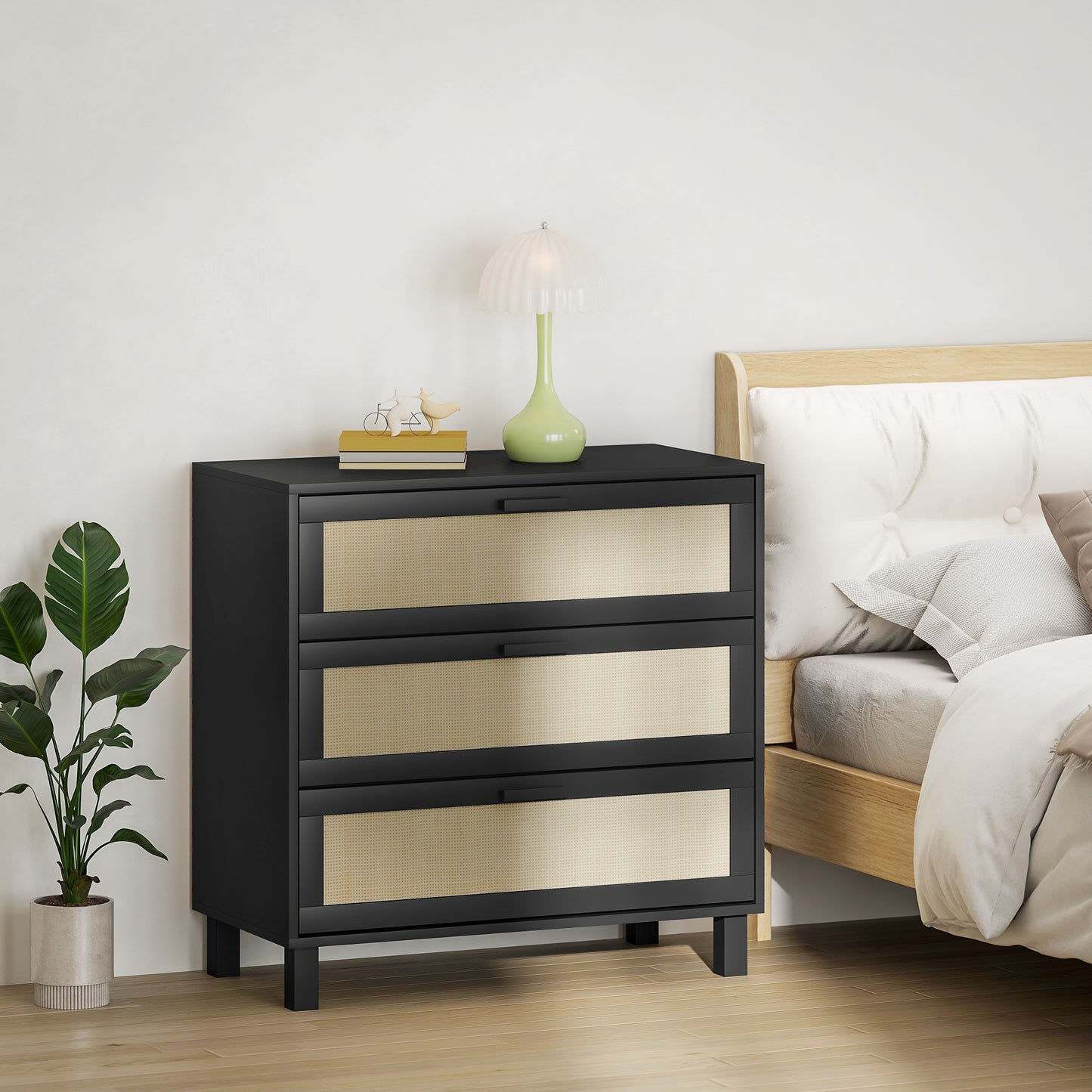 Rattan Bedroom Chest of Drawers, 3 Drawers Storage Unit, Boho Dresser for Living Room, Hallway, Black